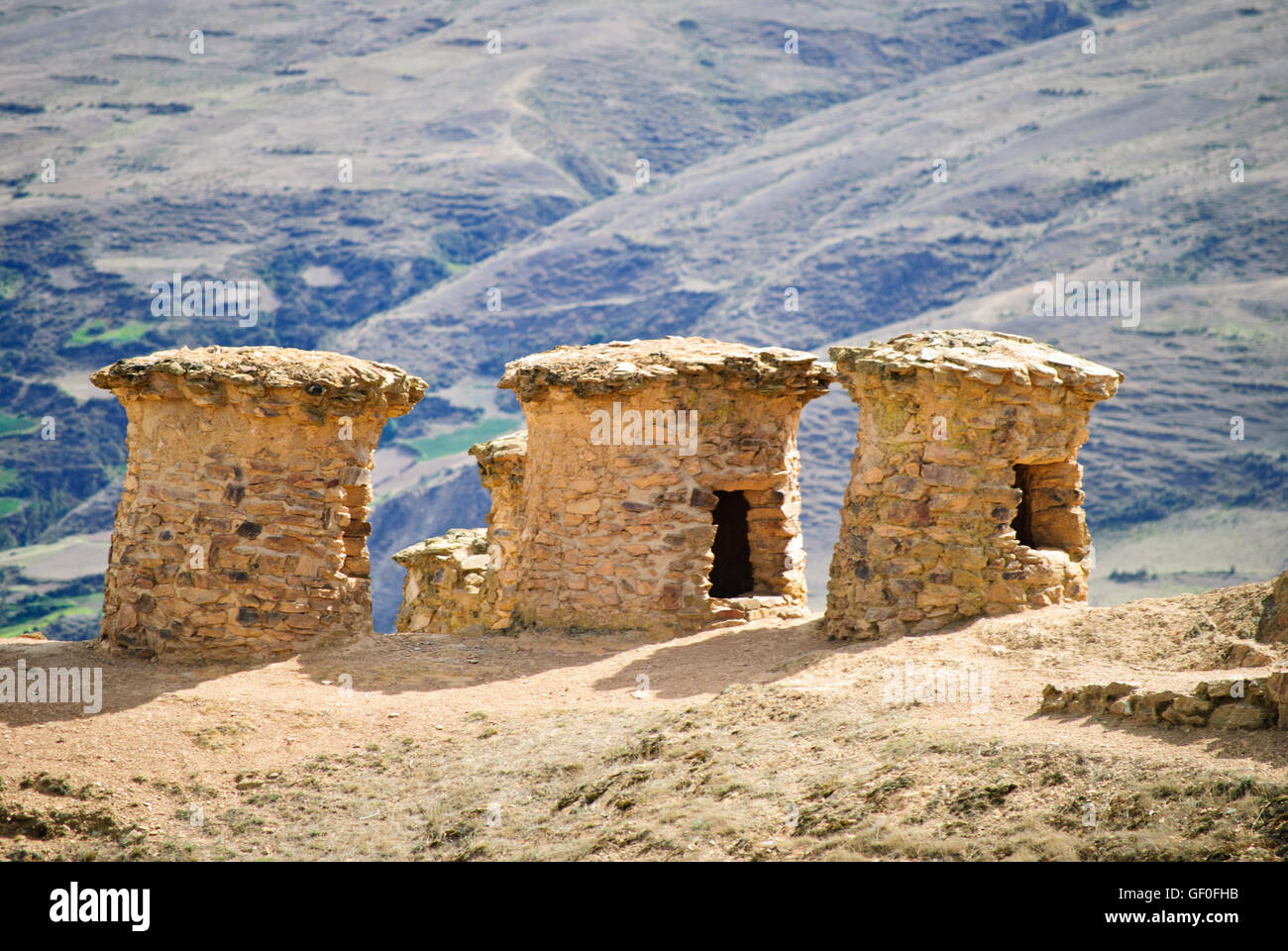 The ancient pre-Inca tombs of Ninamarka on the top on the mountains. Stock Photo