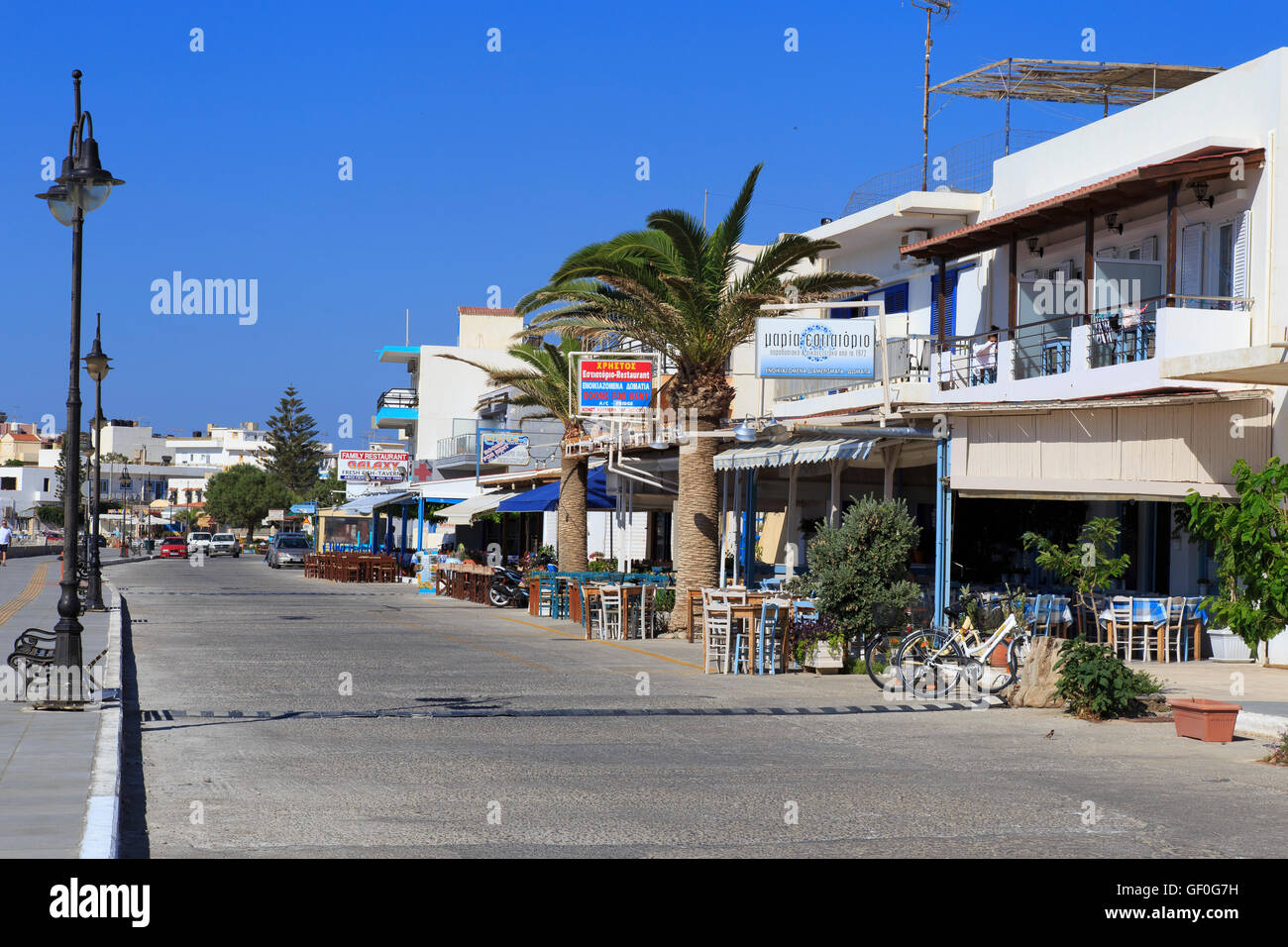 General view of Tavernas on the waterfront at Paleochora, Crete Stock Photo