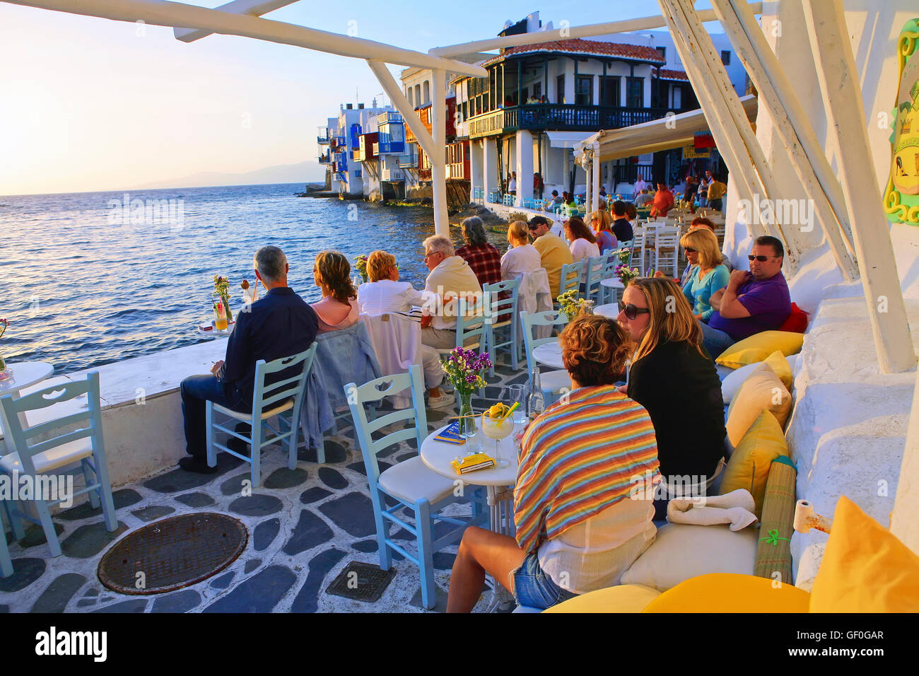 relaxing at Mykonos ,Cyclades islands, Greece Stock Photo