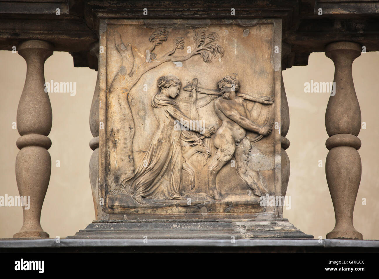 Bacchanalia. Renaissance relief on the Summer Palace of Queen Anna in the Royal Garden of Prague Castle in Prague, Czech Republic. Stock Photo