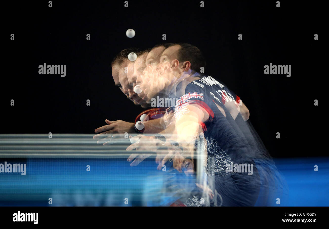 ***EDITORS NOTE TAKEN USING A MULTIPLE EXPOSURE EFFECT*** Table tennis player Paul Drinkhall at the team training camp in Belo Horizonte, Brazil. Stock Photo
