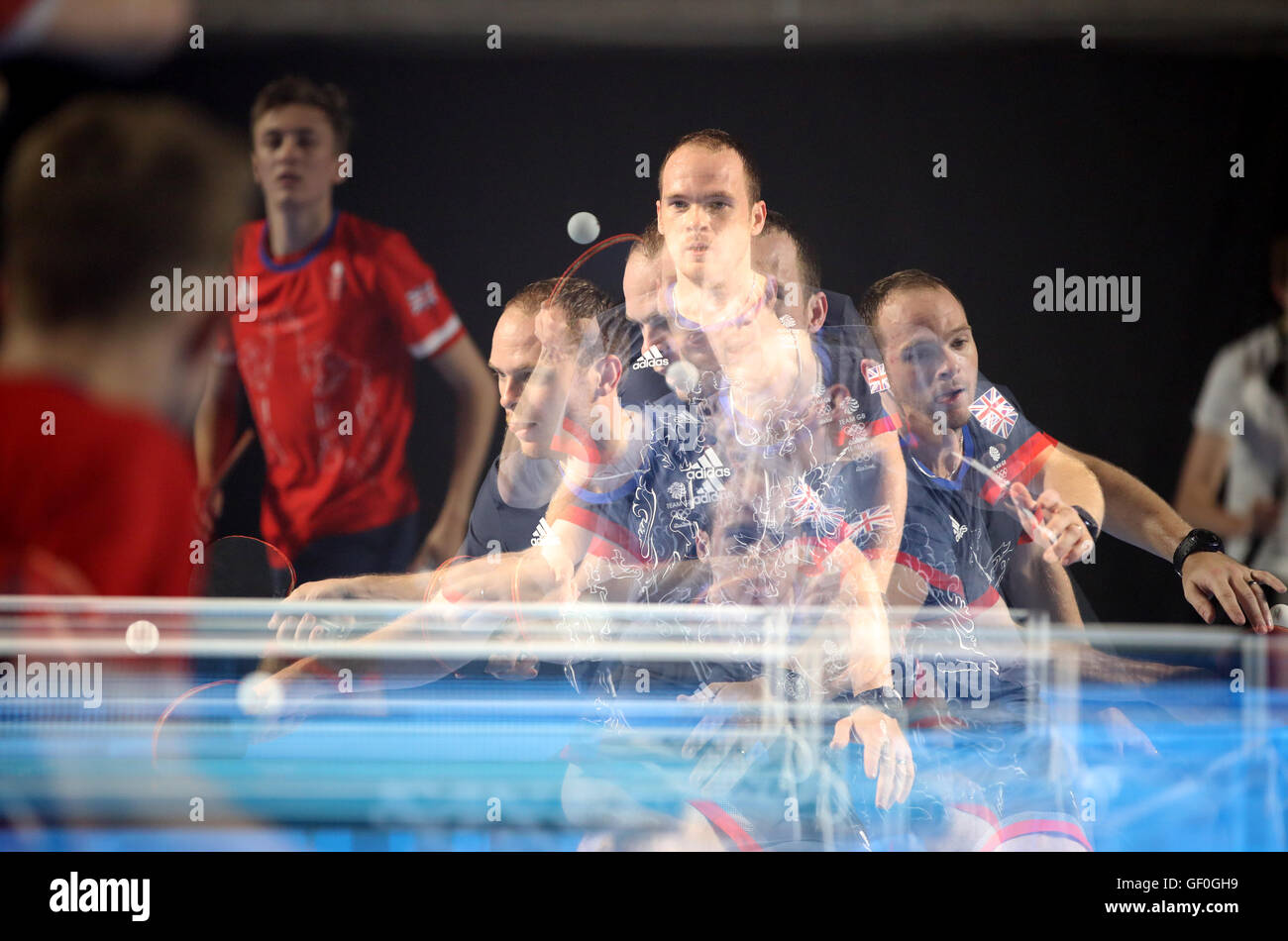 ***EDITORS NOTE TAKEN USING A MULTIPLE EXPOSURE EFFECT*** Table tennis player Paul Drinkhall at the team training camp in Belo Horizonte, Brazil. Stock Photo