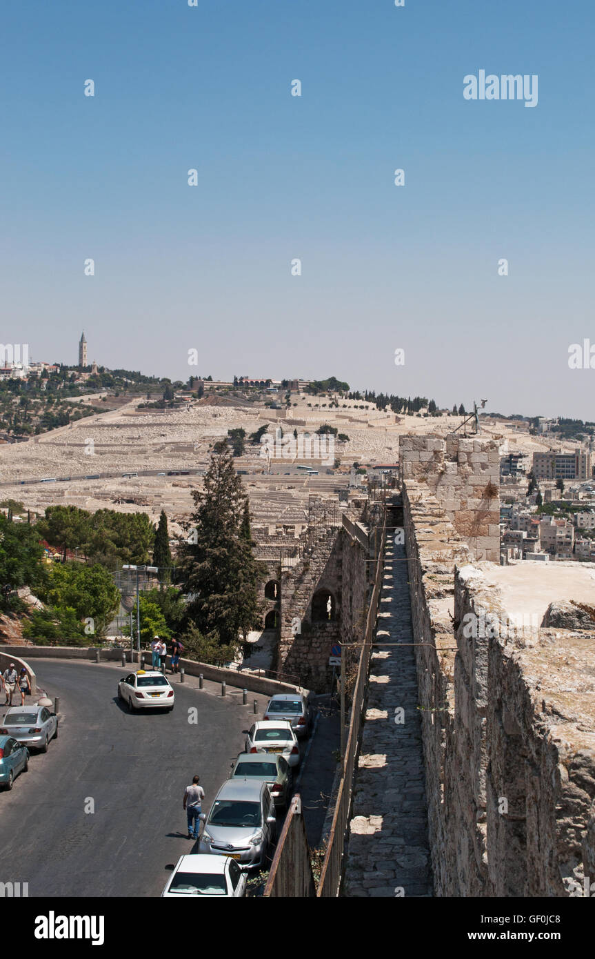 Jerusalem, Israel: the Mount of Olives seen from the ancient walls of the Old City, a tourist attraction with its walking tours Stock Photo
