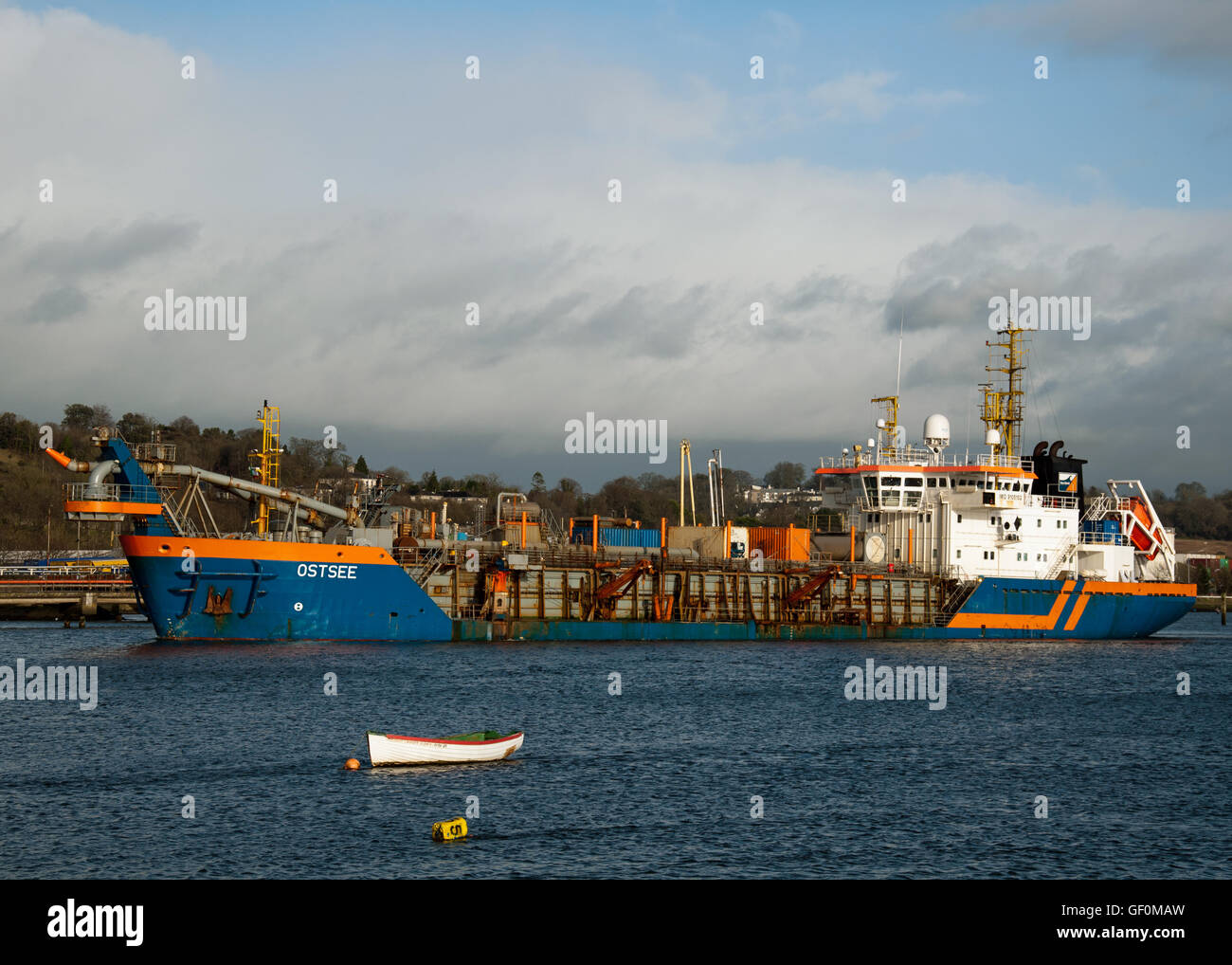 Dredger 'Ostsee' dredges the channel along the River Lee, Port of Cork, Ireland. Stock Photo