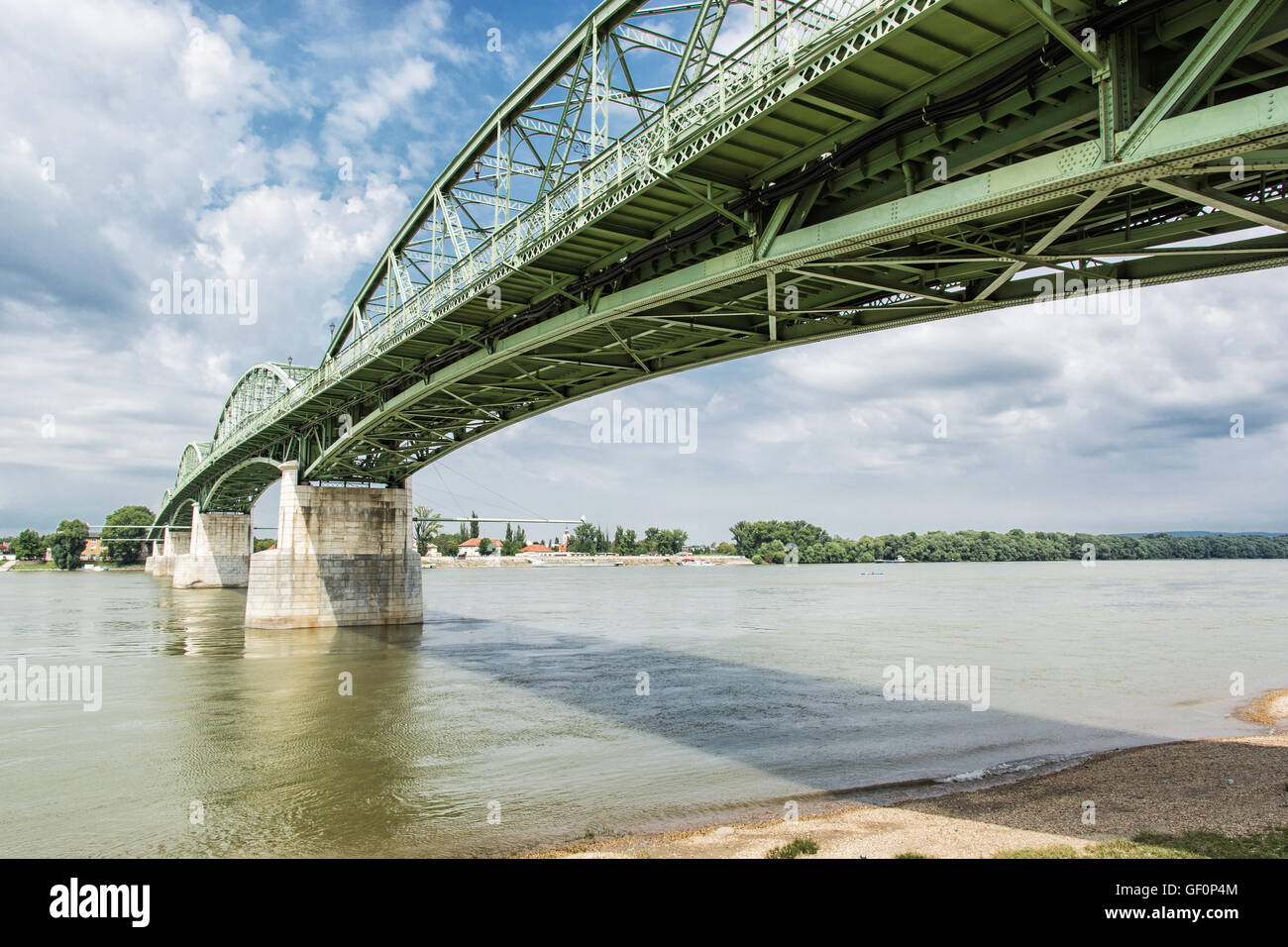 Maria Valeria bridge joins Esztergom in Hungary and Sturovo in Slovak republic across the Danube river. Architectural scene. Stock Photo