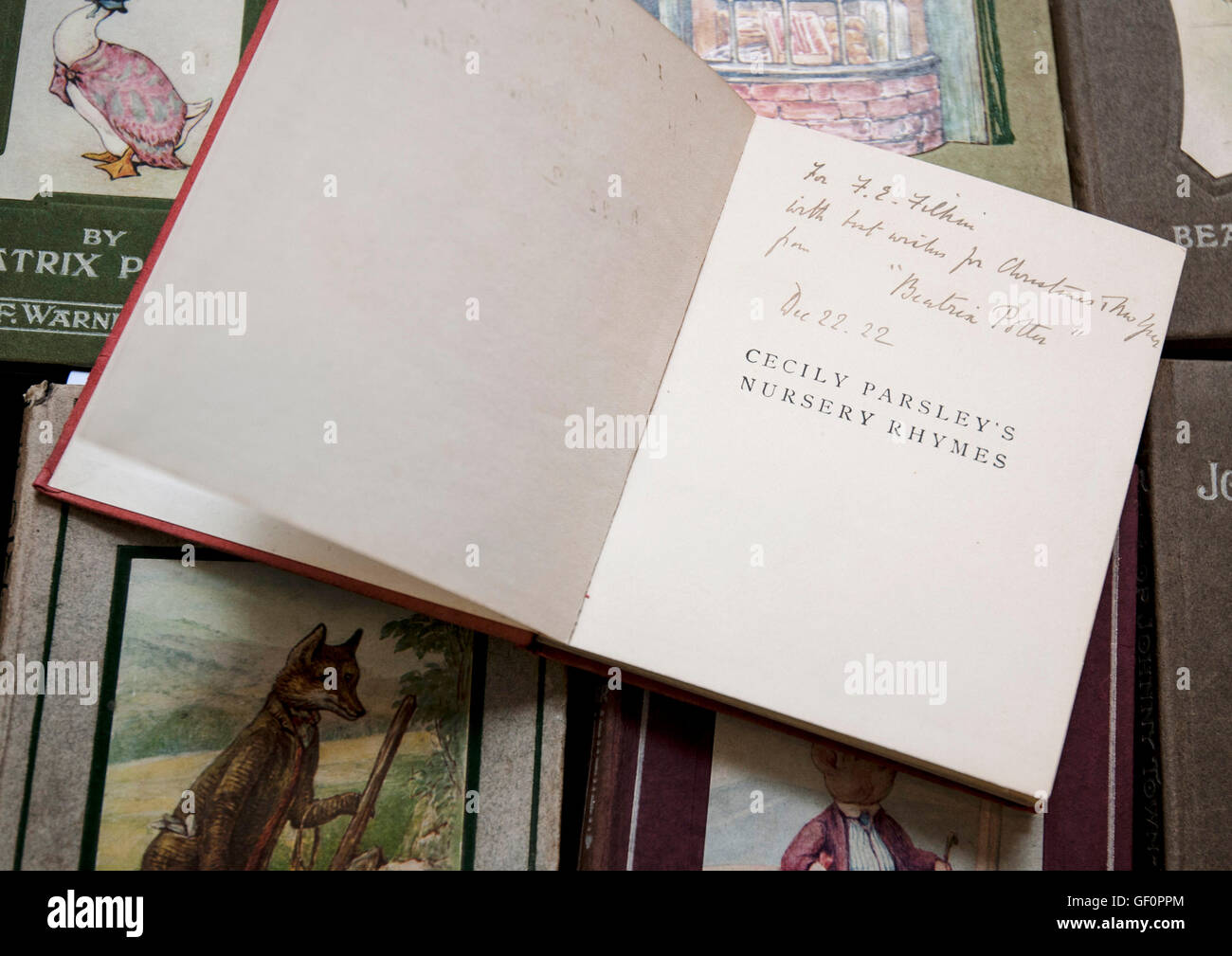 A signed copy of the first edition of Cecily Parsley's Nursery Rhymes, estimated at between &pound;1,800 to &pound;2,200, will be auctioned in the Beatrix Potter Books and Works on Paper sale on her 150th anniversary at Dreweatts &amp; Bloomsbury Auctions in London. Stock Photo