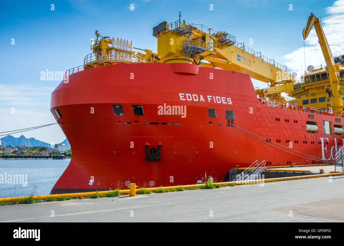 Edda Fides flotel, Accommodation ship for the oil industry, big red ship, Stock Photo