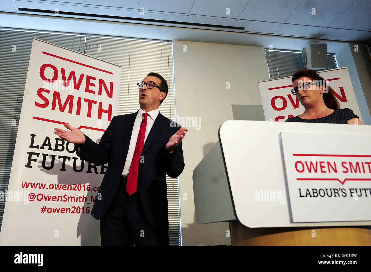 Labour leadership contender Owen Smith speaks at the Knowledge Transfer Centre in Catcliffe, South Yorkshire, where he committed himself to greater equality at work, announcing plans to appoint a cabinet-level minister to deliver fair employment. Stock Photo
