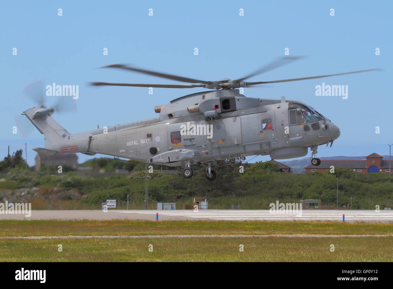 Royal Navy ZH854 (Agusta Westland) AW101-Merlin helicopter landing at RAF Valley. Stock Photo