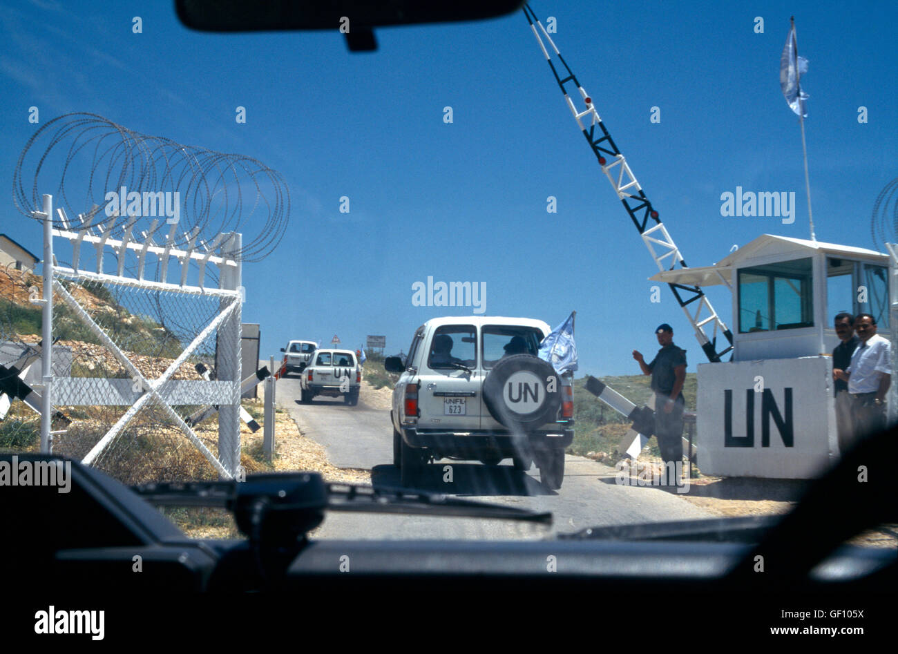 Ebel Es Saqi South lebanon Un Peace Keeping Force Gate & Red Cross Vehicles Stock Photo