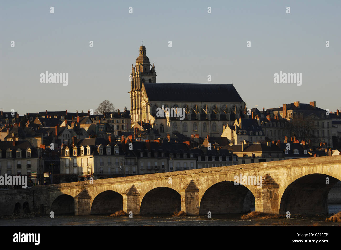 France. Blois. Cityscape with the Saint Louis cathedral built in 18th century and Jacques Gabriel bridge over the Loire river. Stock Photo