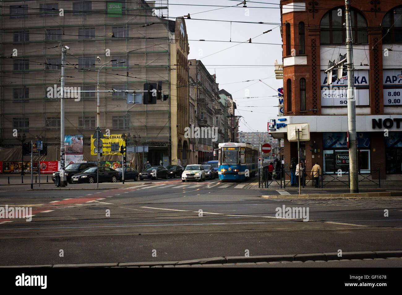 Traffic waiting at a busy intersection in Wroclaw, Poland Stock Photo