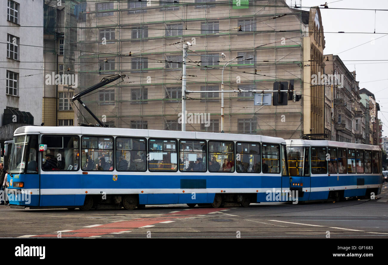 A tram turning at an intersection in Wroclaw, Poland Stock Photo