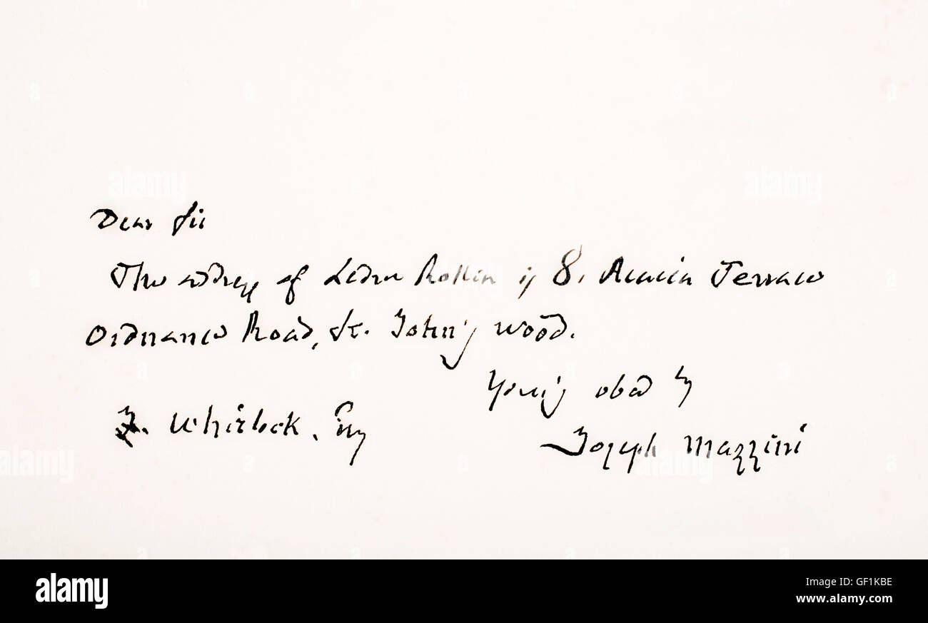 Giuseppe Mazzini, 1805 – 1872.  Italian politician, journalist and activist for the unification of Italy.  Hand writing sample and signature. Stock Photo