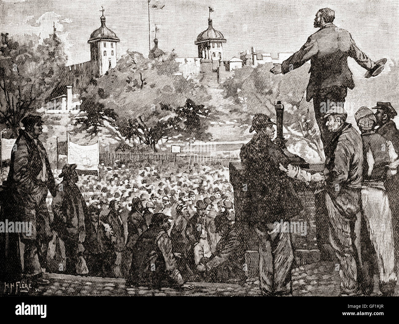 John Burns addressing a meeting of striking dockers on Tower Hill, London, England in 1889.  John Elliot Burns, 1858 – 1943.  English trade unionist and politician. Stock Photo