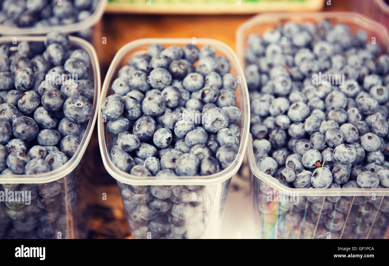 close up of blueberries in boxes at street market Stock Photo