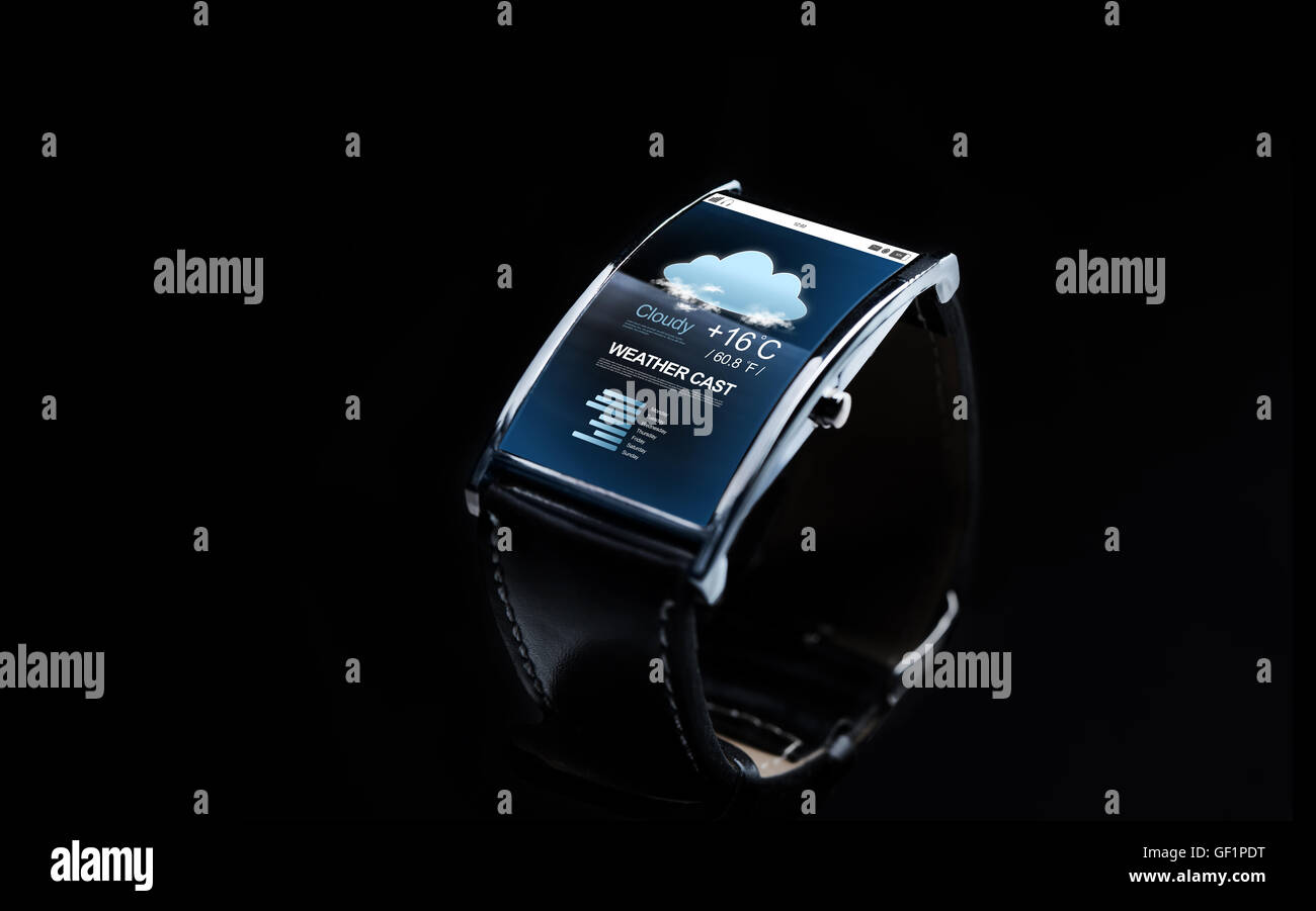 close up of smart watch with weather forecast Stock Photo