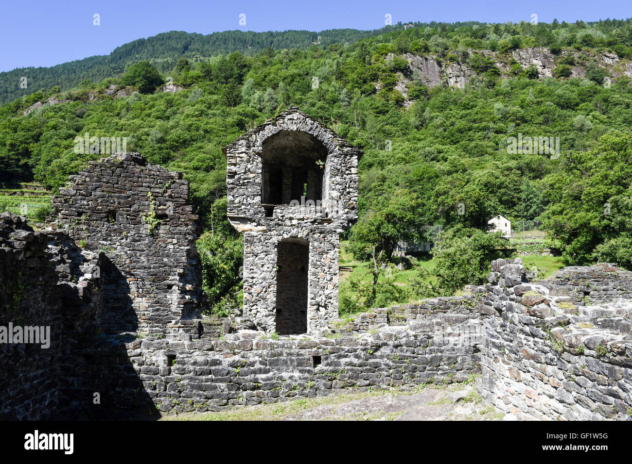 Ruins of Serravalle castle at Semione on Blenio valley on the Swiss alps Stock Photo