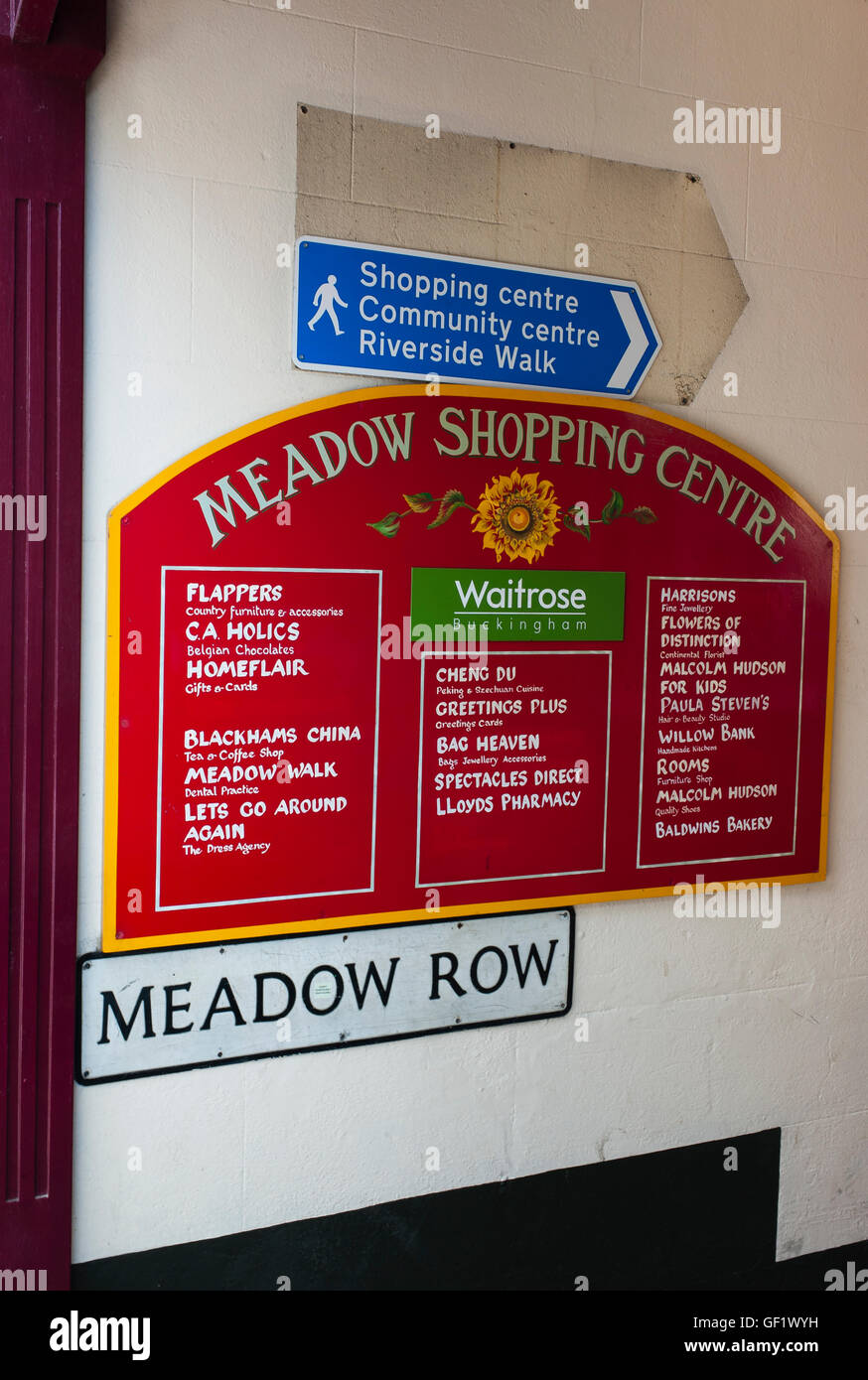 Public notice board advising names of business stores operating in