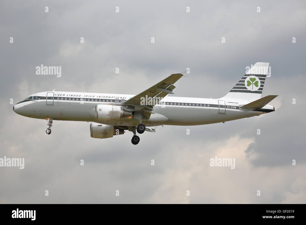 Aer Lingus Airbus A320-214 EI-DVM landing at Heathrow Airport, London Stock Photo