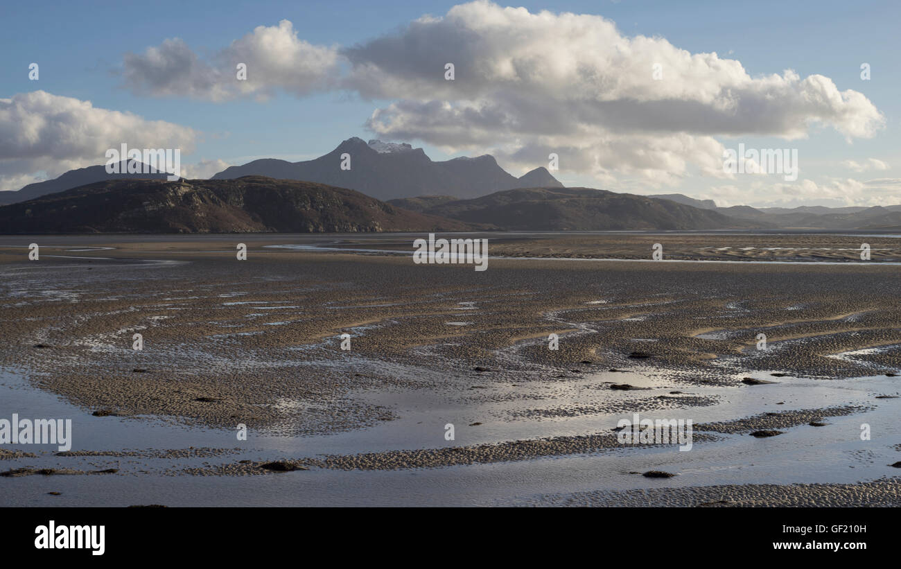 A view of the mountain Ben Loyal across the Kyle of Tongue at low tide, Sutherland, Scottish Highlands, Scotland, UK Stock Photo