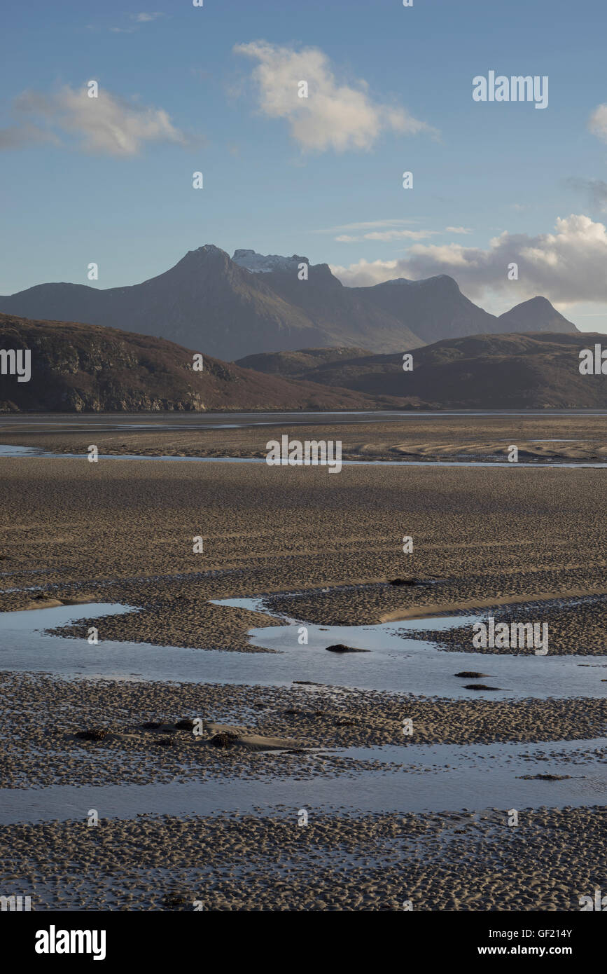 A view of the mountain Ben Loyal across the Kyle of Tongue at low tide, Sutherland, Scottish Highlands, Scotland, UK Stock Photo