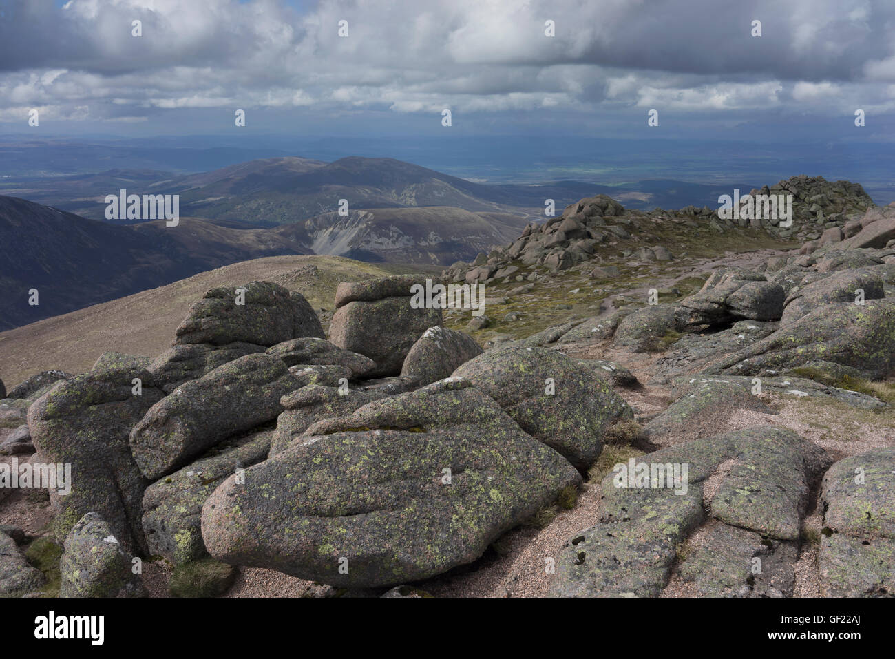 Looking north-west from the summit of Bynack More towards the hill Meall a' Bhuachaille in the Glen More Forest, Cairngorms Nati Stock Photo