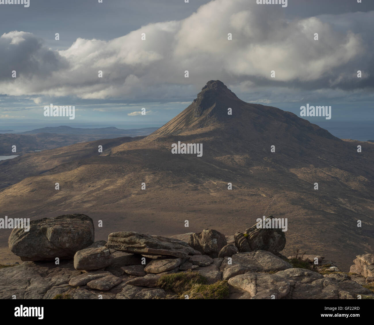 A view of the mountain Stac Pollaidh from the slopes of Cul Beag, Sutherland, Scotland, Scottish Highlands UK Stock Photo