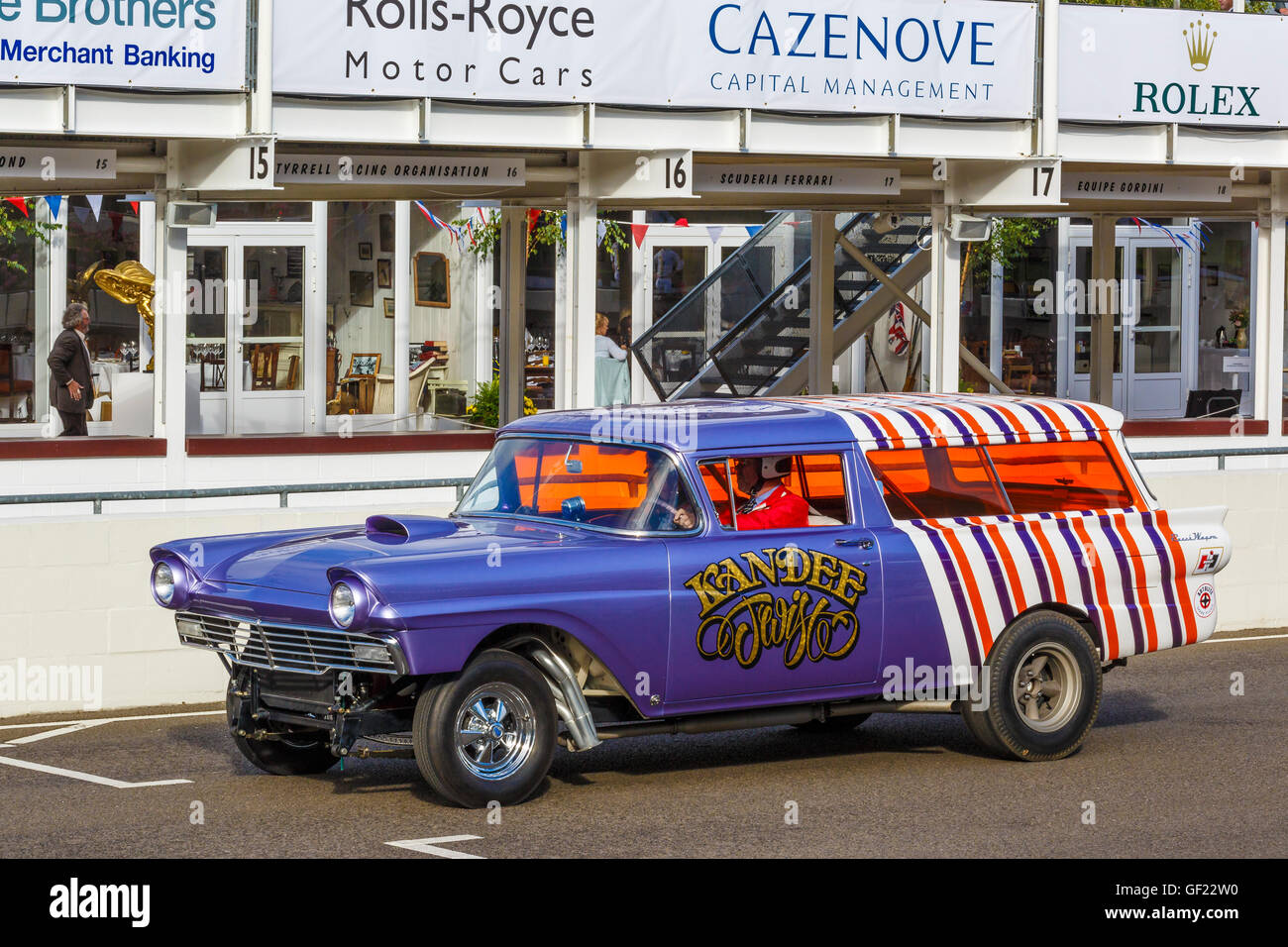 Julian Balme's 1957 Ford Wagon 'KanDee Twist' gasser in the parade at the 2015 Goodwood Revival, Sussex, UK. Stock Photo