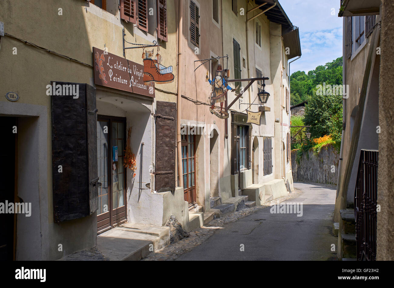 Shops in the medieval village of Conflans.  Albertville, Savoie, France. Stock Photo