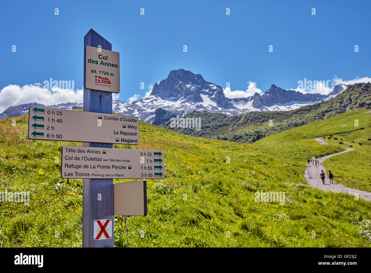 Signpost at the Col des Annes in the Chaine des Aravis. Le Grand-Bornand, Haute-Savoie, France. Stock Photo