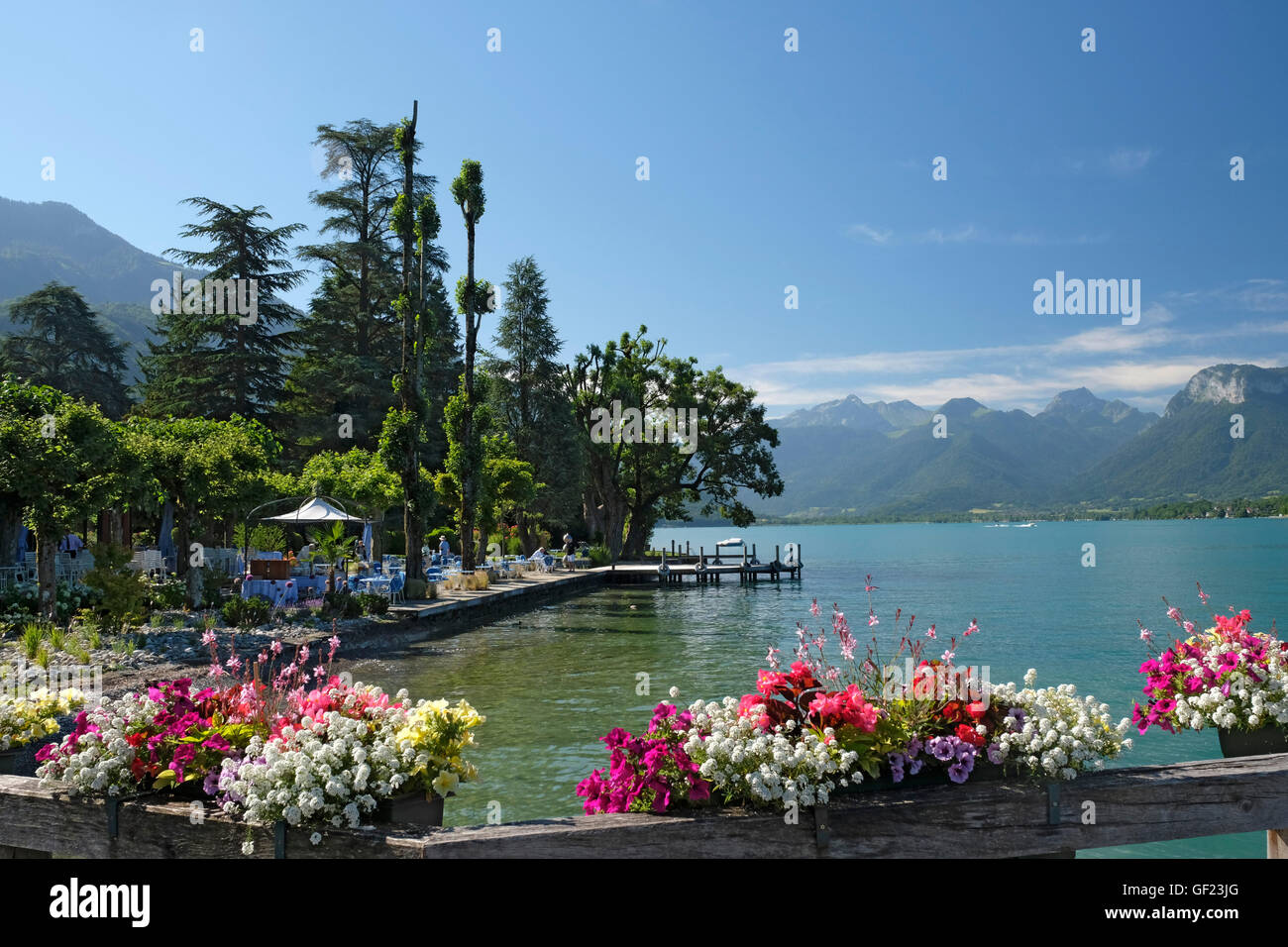Hotel garden by Lac d'Annecy at Talloires. Haute-Savoie, France. Stock Photo
