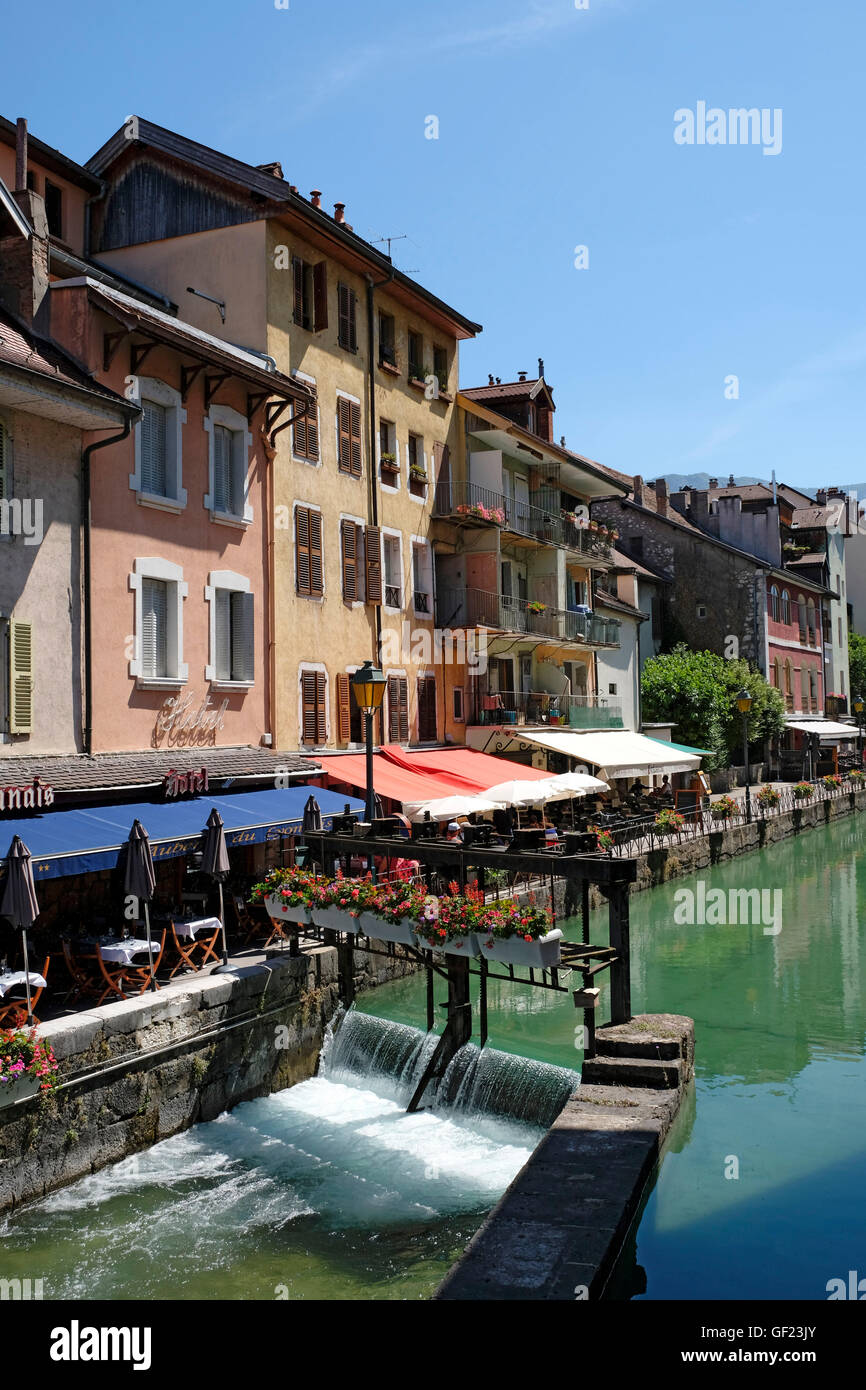 Restaurants by canal in Annecy. Haute-Savoie, France. Stock Photo