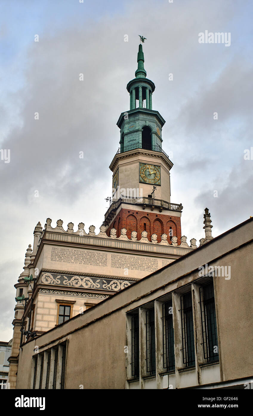 Renaissance town hall tower with clock in Poznan Stock Photo