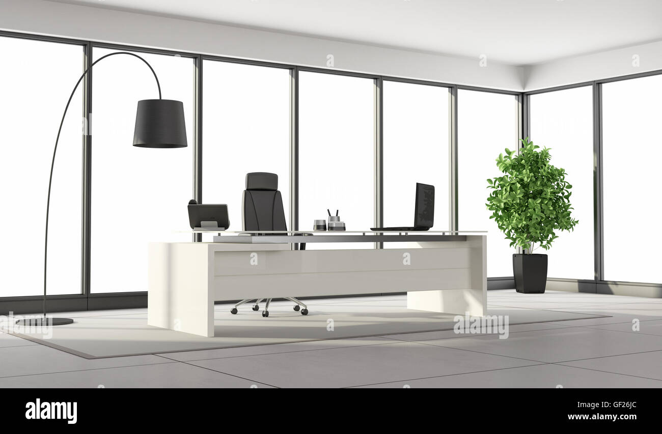 Black and white modern office with desk,chair and large windows - 3d