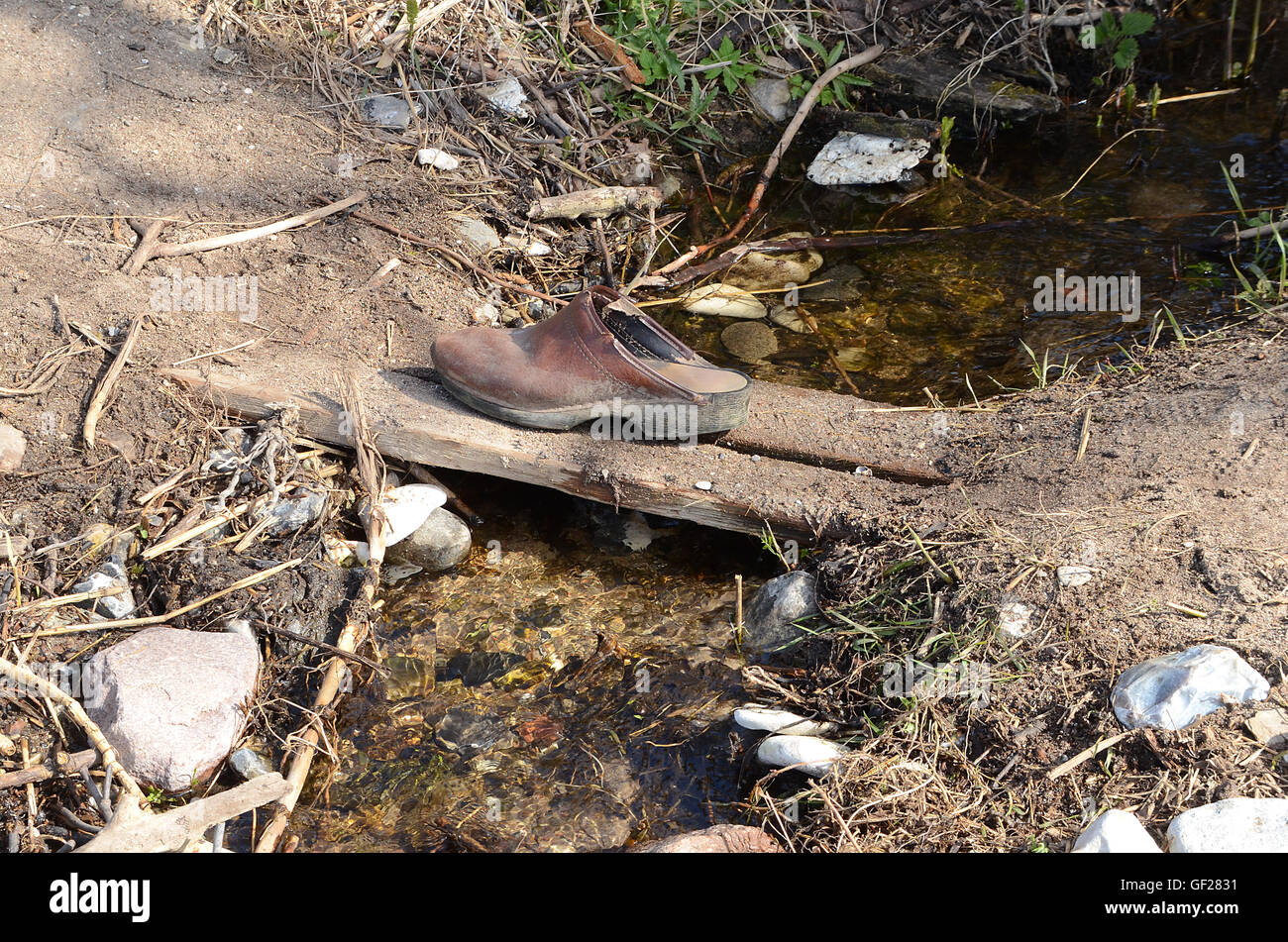 The smallest bride on earth. This little bridge goes over a tiny stream that could easily be stepped over. Stock Photo