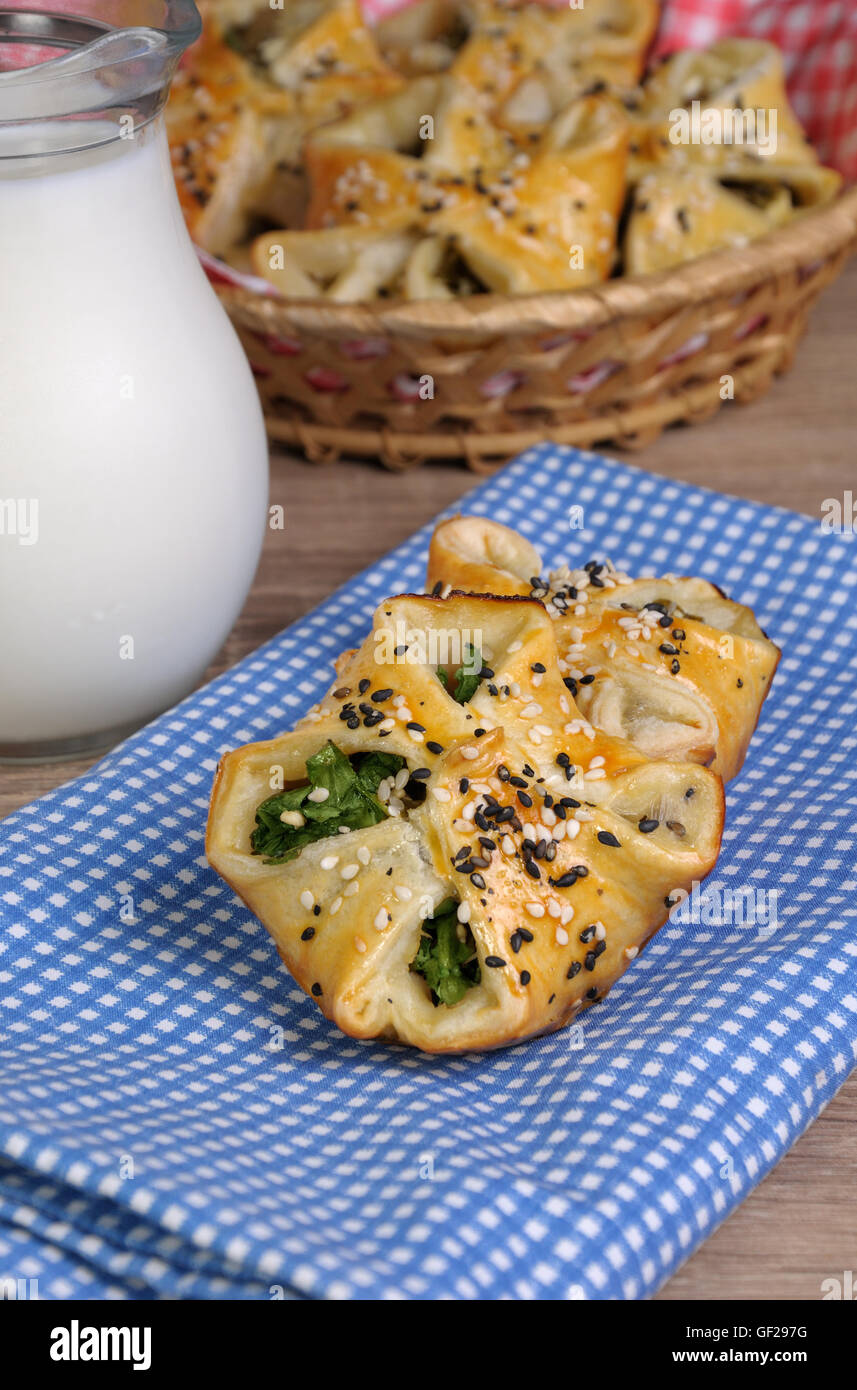 puff pastry with spinach and ricotta in a napkin Stock Photo