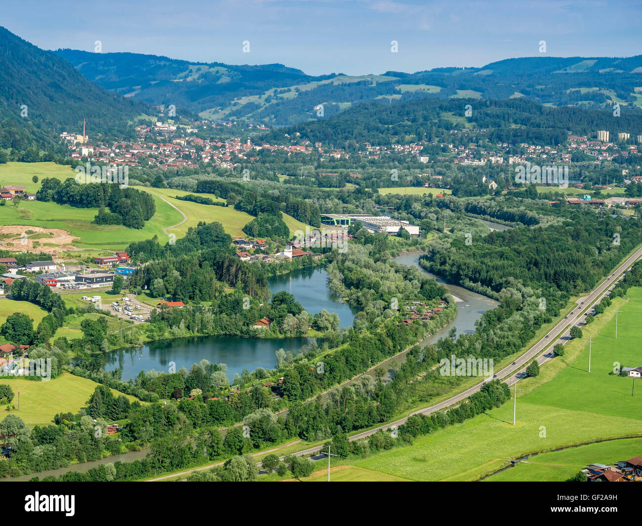 Aerial view, river Iller and lakes northwest of Sonthofen, town of Immenstadt in the back left, lakes and motorway Stock Photo
