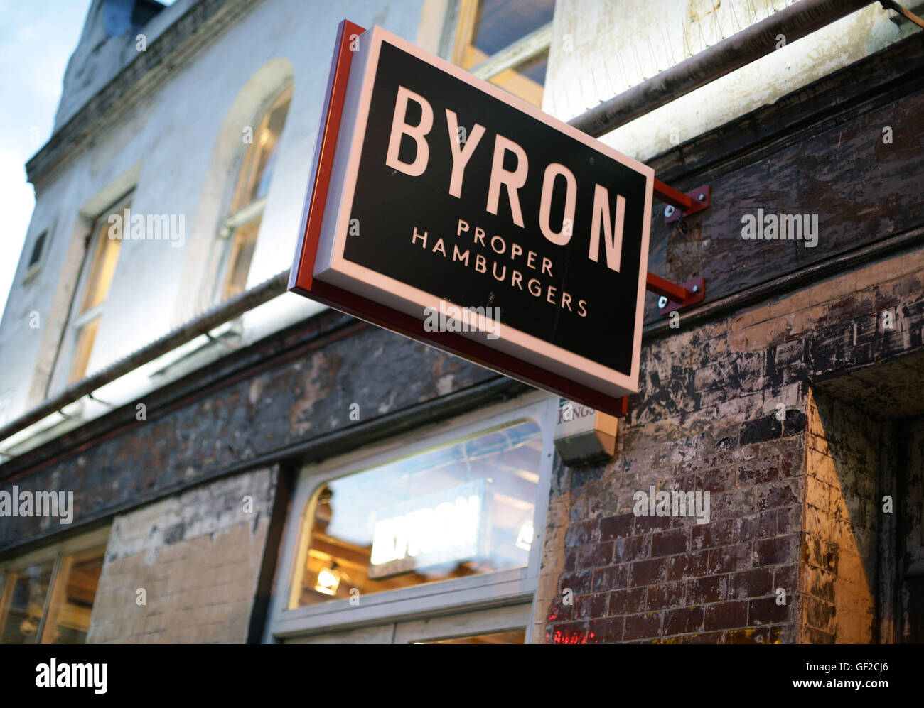 A sign outside a Byron restaurant in Islington, north London, as dozens of workers at the burger chain have been arrested in a swoop by immigration officials. Stock Photo