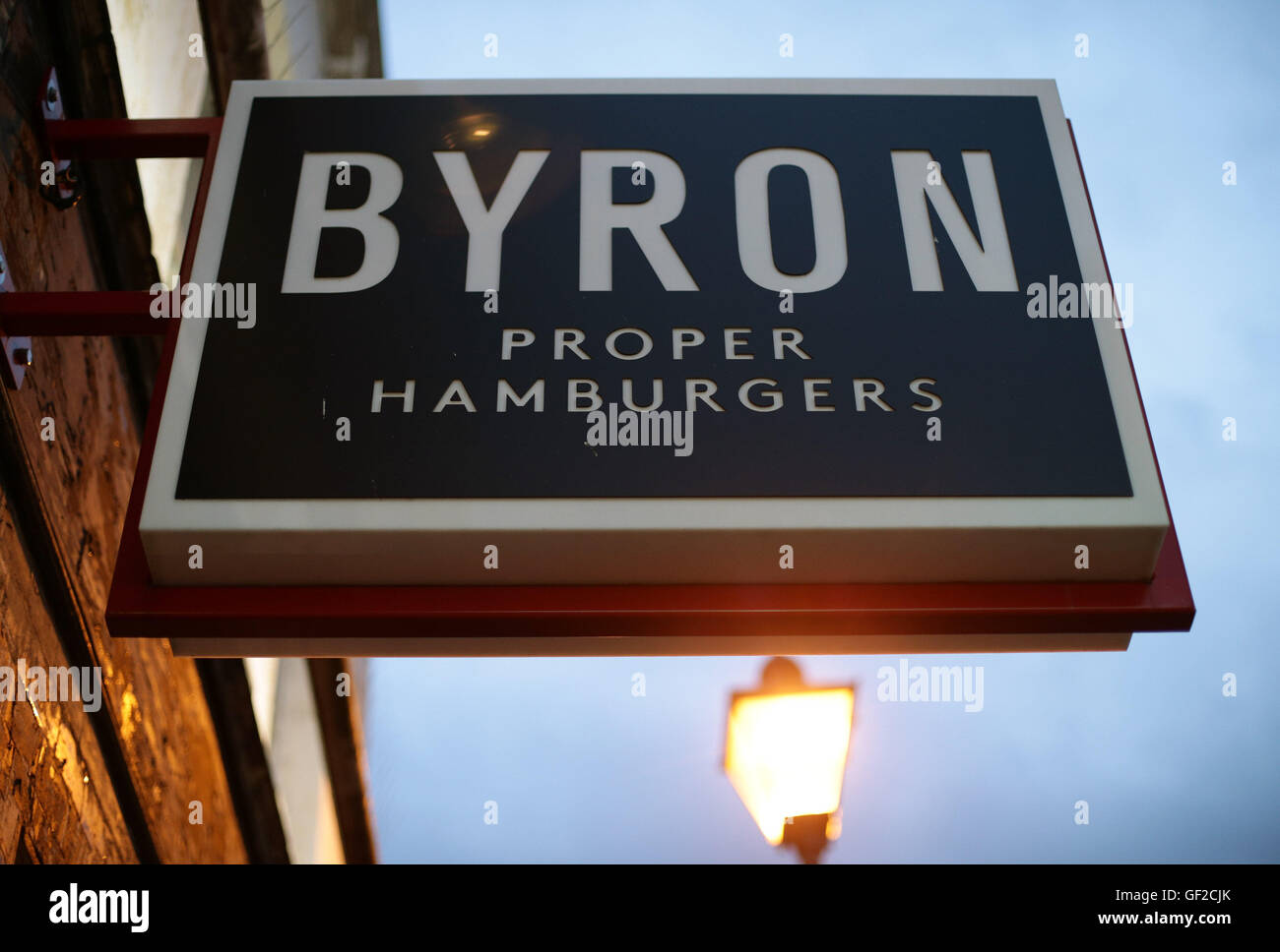 A sign outside a Byron restaurant in Islington, north London, as dozens of workers at the burger chain have been arrested in a swoop by immigration officials. Stock Photo