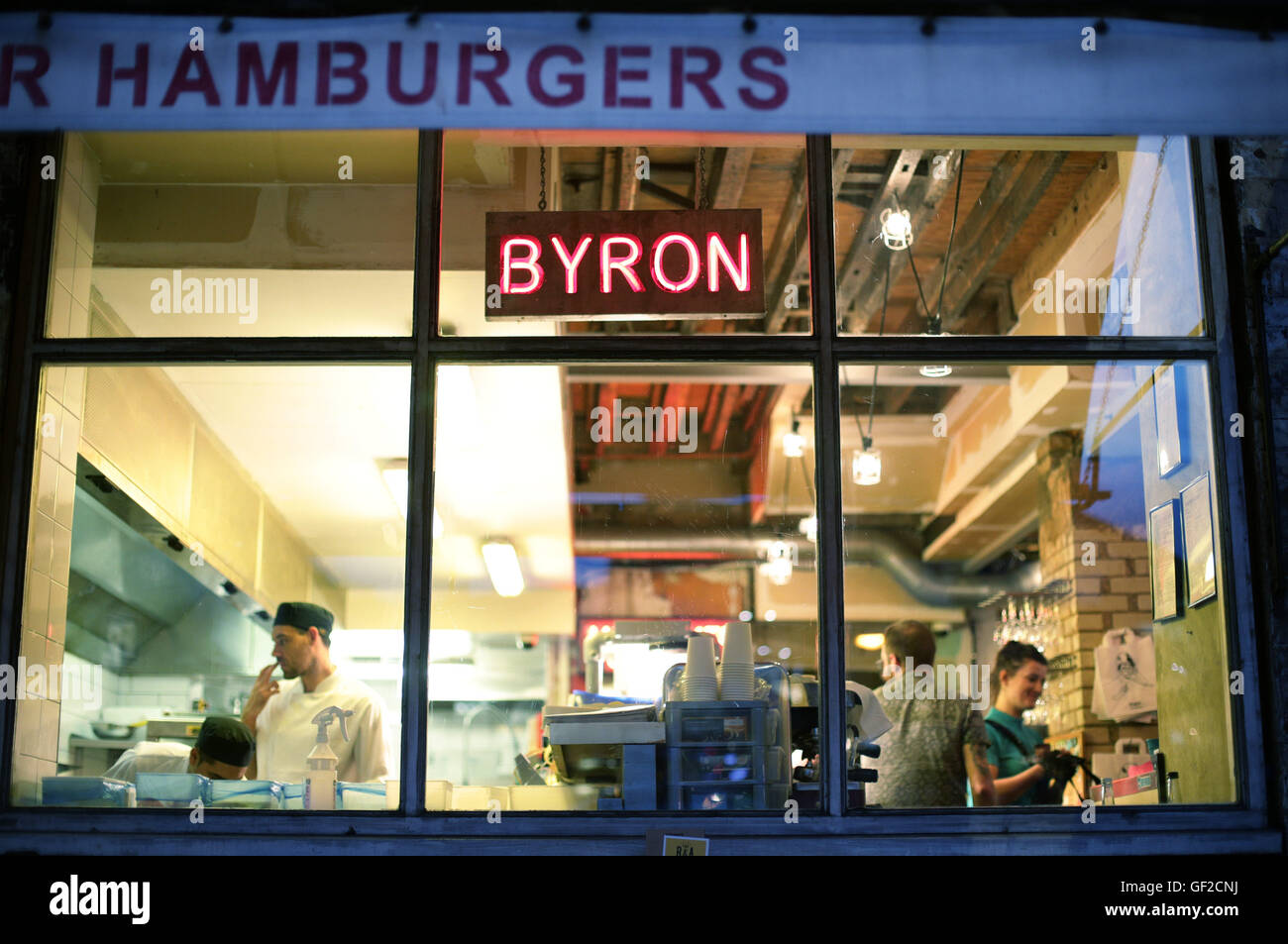 General view of a Byron restaurant in Islington, north London, as dozens of workers at the burger chain have been arrested in a swoop by immigration officials. Stock Photo