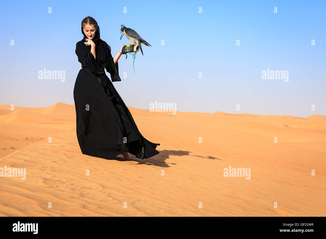 Young woman in abaya with Peregrine Falcon in Dubai Desert Conservation Reserve, UAE Stock Photo