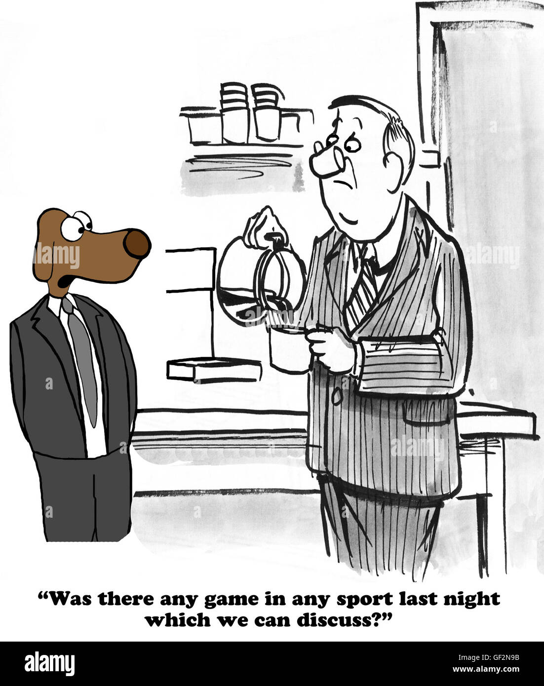 Business cartoon about finding commonalities with a coworker. Stock Photo