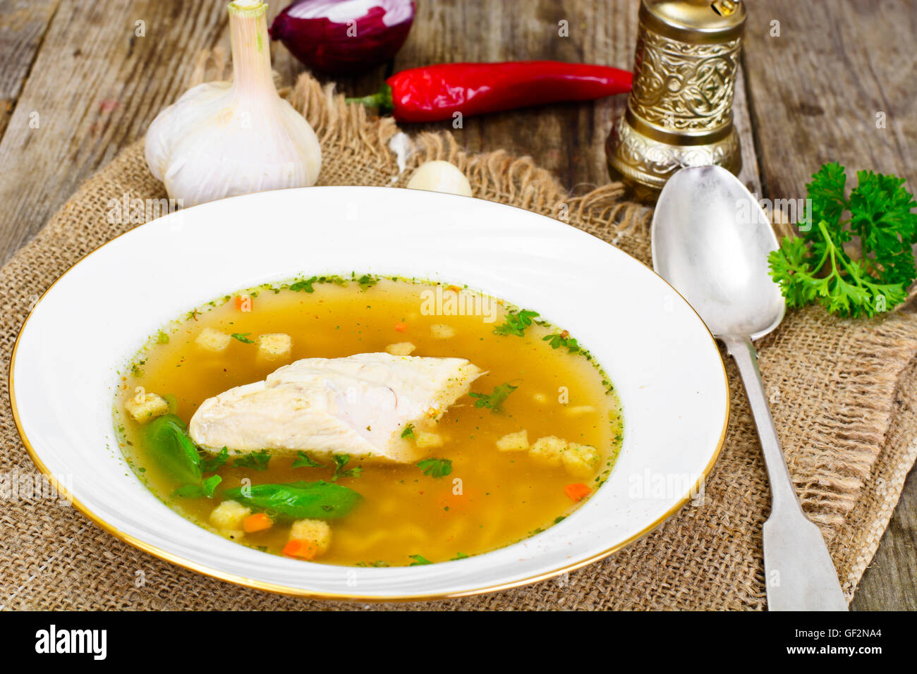 Chicken Broth with Noodles Stock Photo Alamy