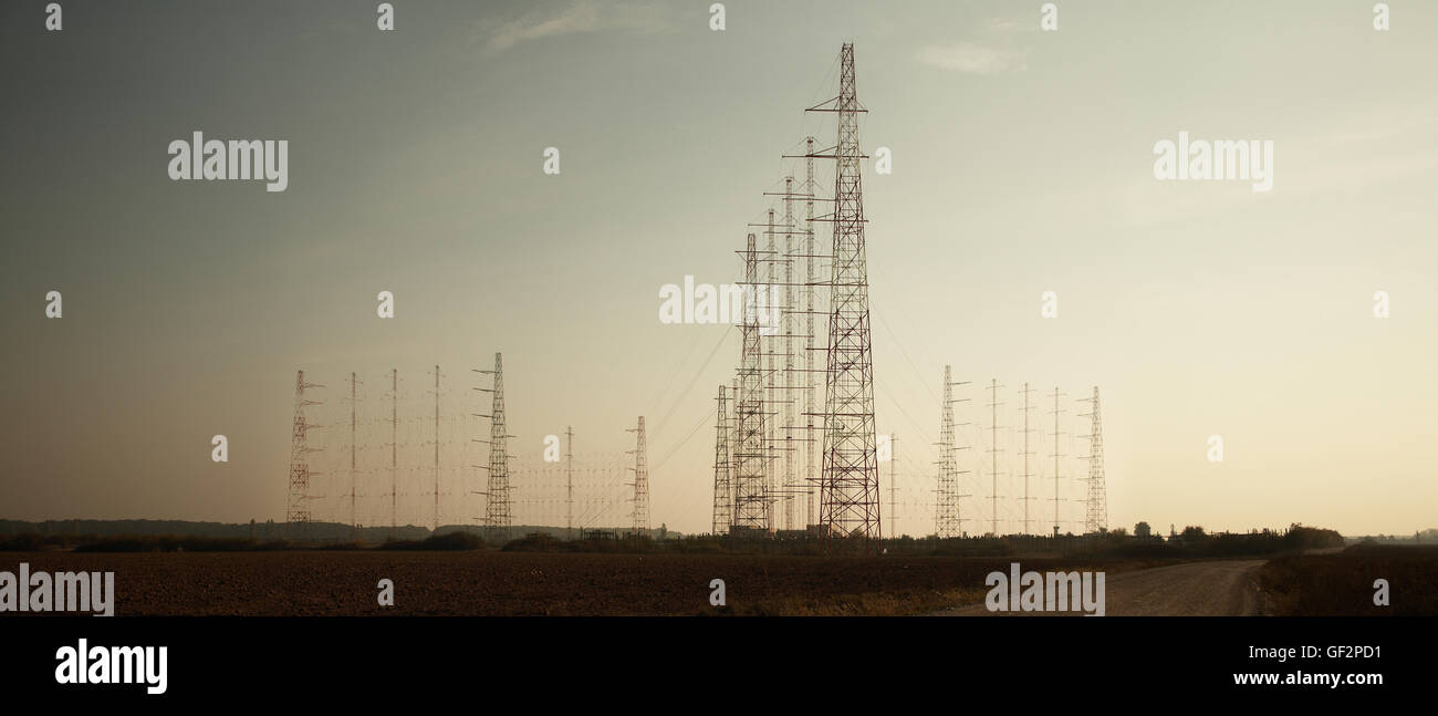 Sunset over radio jamming station on the outskirts of Bucharest Romania Stock Photo