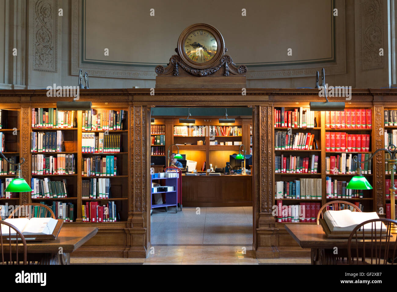 A photograph of the reading room in the Boston Central Library in Boston, Massachusetts, USA. Stock Photo