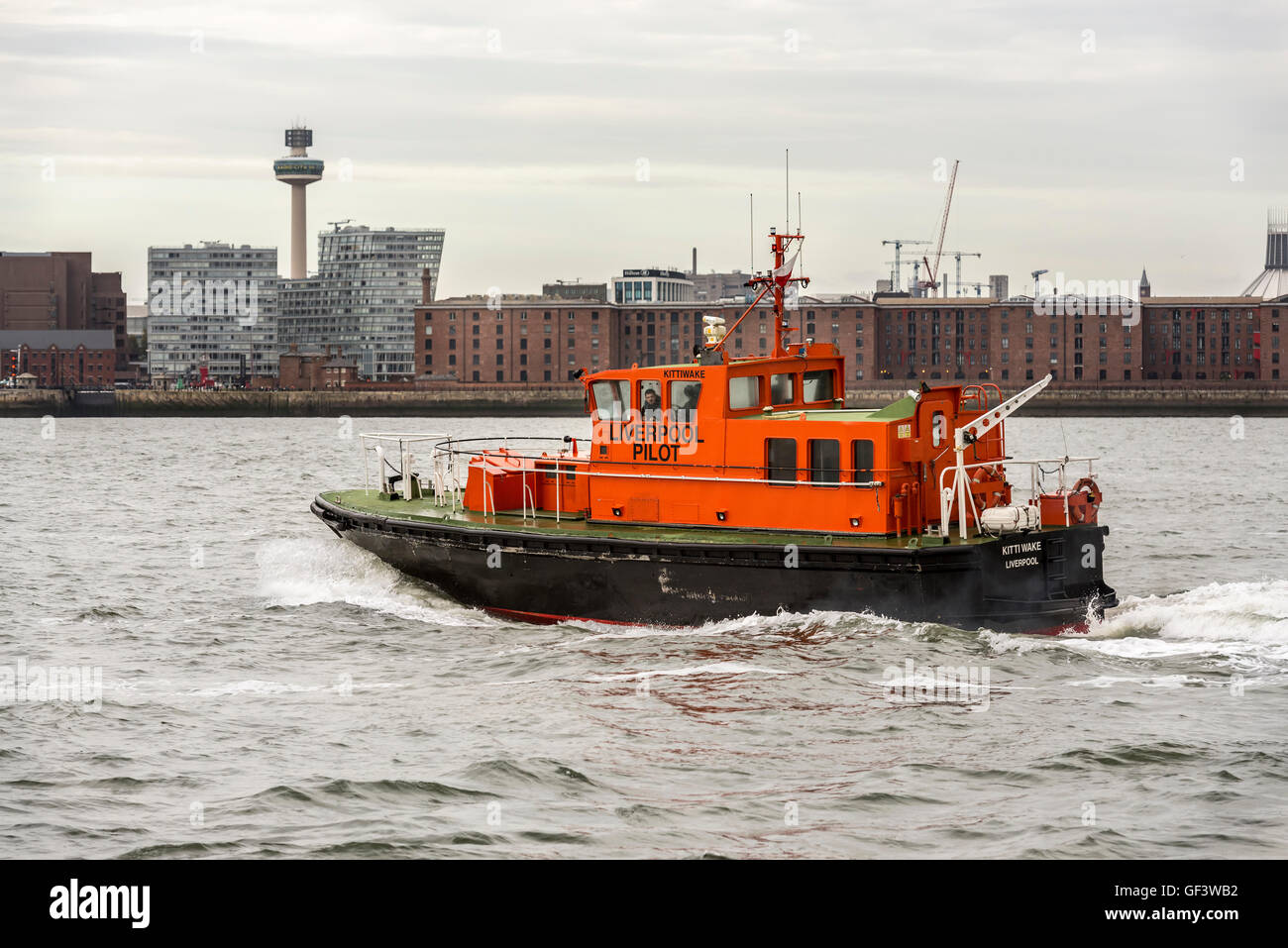 Liverpool. England. July 28th 2016. The Liverpool pilot launch Kittiwake pictured ( October 17th 2014 ) in the river Mersey with the Royal Liver building in the centre of the waterfront. The Liverpool Pilotage Service which has navigated ships in and out of the River Mersey for 250 years is to be awarded the Freedom of Liverpool. It will be conferred on them at a special thanksgiving service at noon in Liverpool Parish Church of St. Nicholas on Thursday 28th July 2016 led by the Rector of Liverpool, the Reverend Dr Crispin Pailing. John Davidson/Alamy Live News. Stock Photo