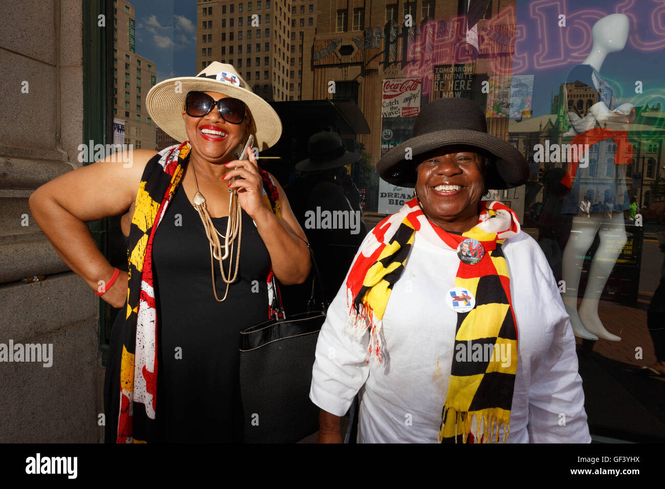Philadelphia, USA. 27th July, 2016. Dr. Lilliane Holmes (left) and Mae Beale, both from Howard County Maryland visited Philadelphia on the third day of the Democratic National Convention. Credit:  John Orvis/Alamy Live News Stock Photo