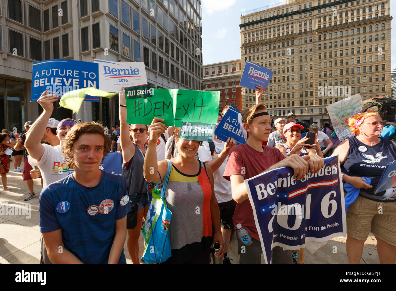 Philadelphia, USA. 27th July, 2016. Bernie Sanders supporters rally outside of City Hall in Philadelphia on the third day of the Democratic National Convention. Credit:  John Orvis/Alamy Live News Stock Photo