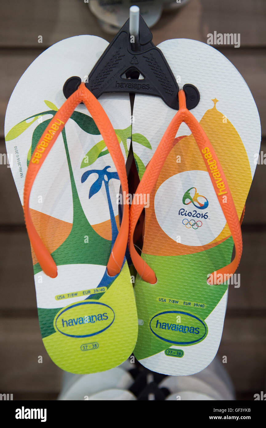 Rio de Janeiro Brazil. 28th July 2016. Flip flops with the logo of the 2016 Olympic Games hang in a souvenir shop in Rio de Janeiro Brazil 28 July 2016. The 2016 Olympic